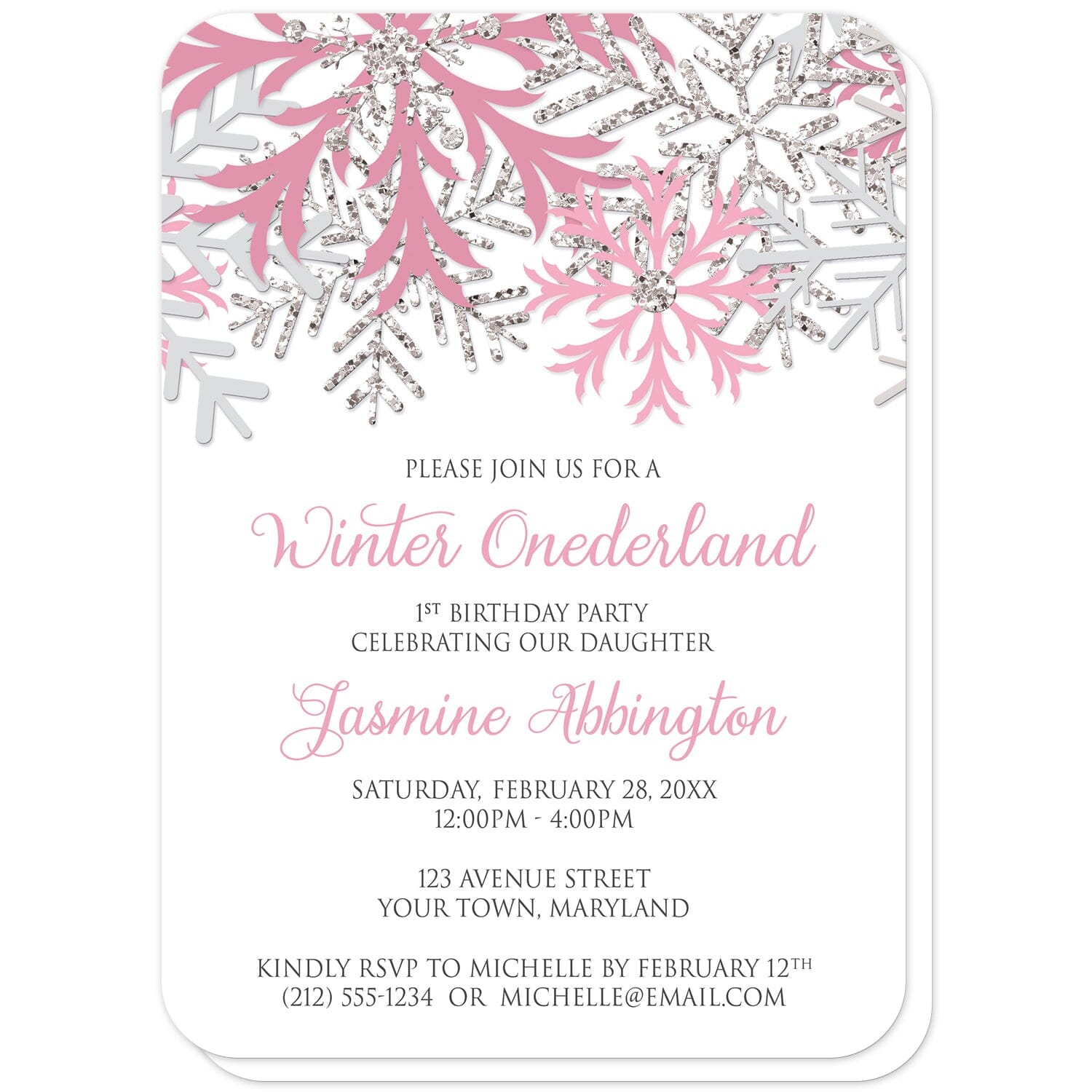 Pink Silver Snowflake 1st Birthday Winter Onederland Invitations (with rounded corners) at Artistically Invited. Pretty pink silver snowflake 1st birthday Winter Onederland invitations designed with pink, light pink, silver-colored glitter-illustrated, and light gray snowflakes along the top of the invitations. Your personalized 1st birthday party details are custom printed in pink and gray on white below the snowflakes.