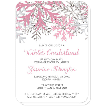 Pink Silver Snowflake 1st Birthday Winter Onederland Invitations (with rounded corners) at Artistically Invited. Pretty pink silver snowflake 1st birthday Winter Onederland invitations designed with pink, light pink, silver-colored glitter-illustrated, and light gray snowflakes along the top of the invitations. Your personalized 1st birthday party details are custom printed in pink and gray on white below the snowflakes.