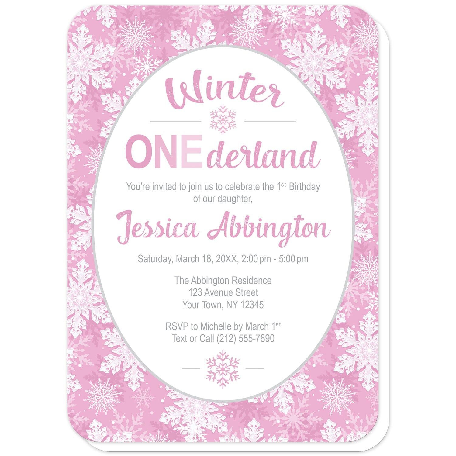 Pink Snowflake 1st Birthday Winter Onederland Invitations (with rounded corners) at Artistically Invited. Beautifully ornate pink snowflake 1st birthday Winter Onederland invitations designed with your personalized 1st birthday party details custom printed in pink and gray in a white oval frame design over a pretty pink and white snowflake pattern background.