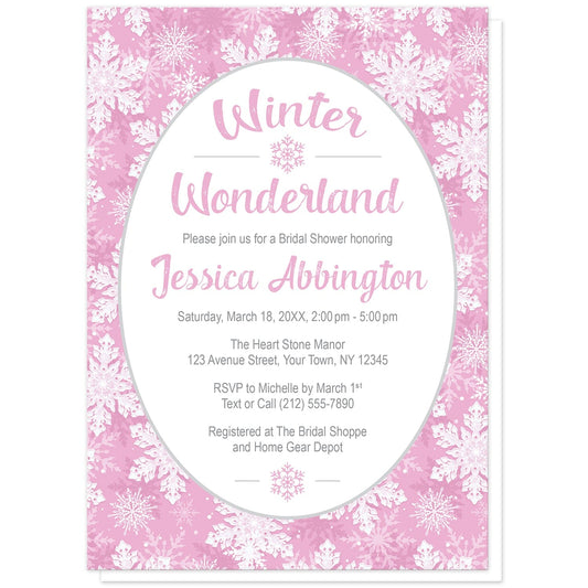 Pink Snowflake Winter Wonderland Bridal Shower Invitations at Artistically Invited. Beautifully ornate pink snowflake Winter Wonderland bridal shower invitations with your personalized bridal shower celebration details custom printed in pink and gray in a white oval frame design over a beautiful and ornate pink and white snowflake pattern background.