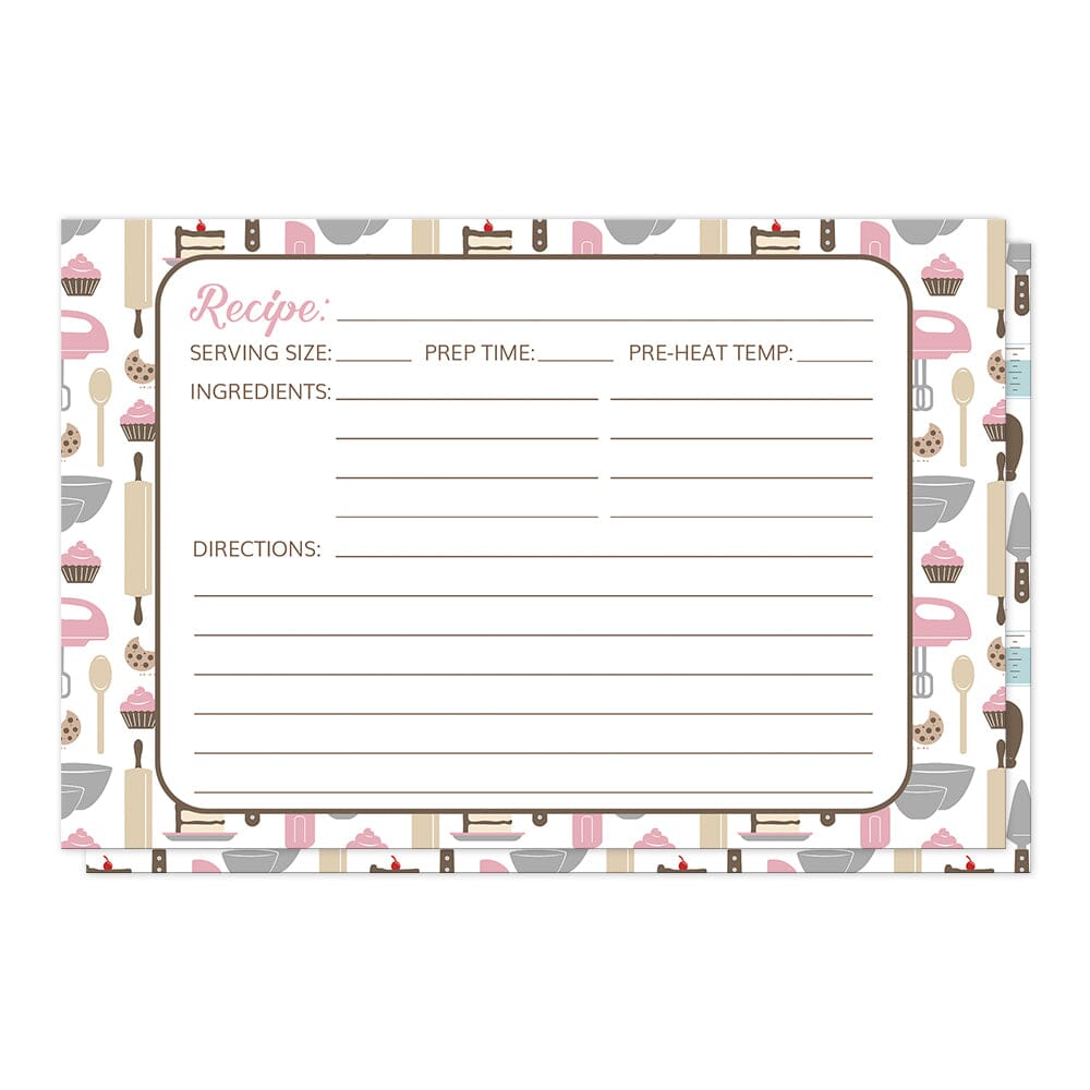 Pink Baking Pattern Recipe Cards (front side) at Artistically Invited. High quality recipe cards designed with a cute pattern of baking tools in a pink, brown, beige, and gray color scheme. It includes baking kitchen tools such as whisks, mixers, measuring cups and spoons, spatulas, wooden spoons, and more. Don't miss the sweet additions of cupcakes, cookies, and slices of cake. The recipe is to be handwritten over a white rectangular area centered over the baking pattern, on both sides.
