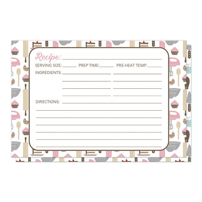Pink Baking Pattern Recipe Cards (front side) at Artistically Invited. High quality recipe cards designed with a cute pattern of baking tools in a pink, brown, beige, and gray color scheme. It includes baking kitchen tools such as whisks, mixers, measuring cups and spoons, spatulas, wooden spoons, and more. Don't miss the sweet additions of cupcakes, cookies, and slices of cake. The recipe is to be handwritten over a white rectangular area centered over the baking pattern, on both sides.