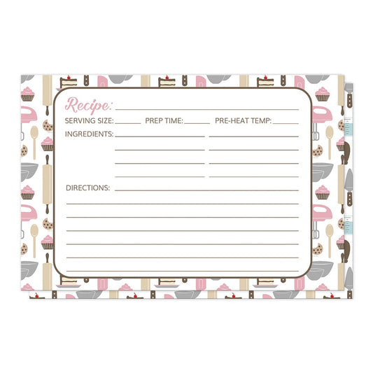 Pink Baking Pattern Recipe Cards (front side) at Artistically Invited. High quality recipe cards designed with a cute pattern of baking tools in a pink, brown, beige, and gray color scheme. It includes baking kitchen tools such as whisks, mixers, measuring cups and spoons, spatulas, wooden spoons, and more. Don't miss the sweet additions of cupcakes, cookies, and slices of cake. The recipe is to be handwritten over a white rectangular area centered over the baking pattern, on both sides.