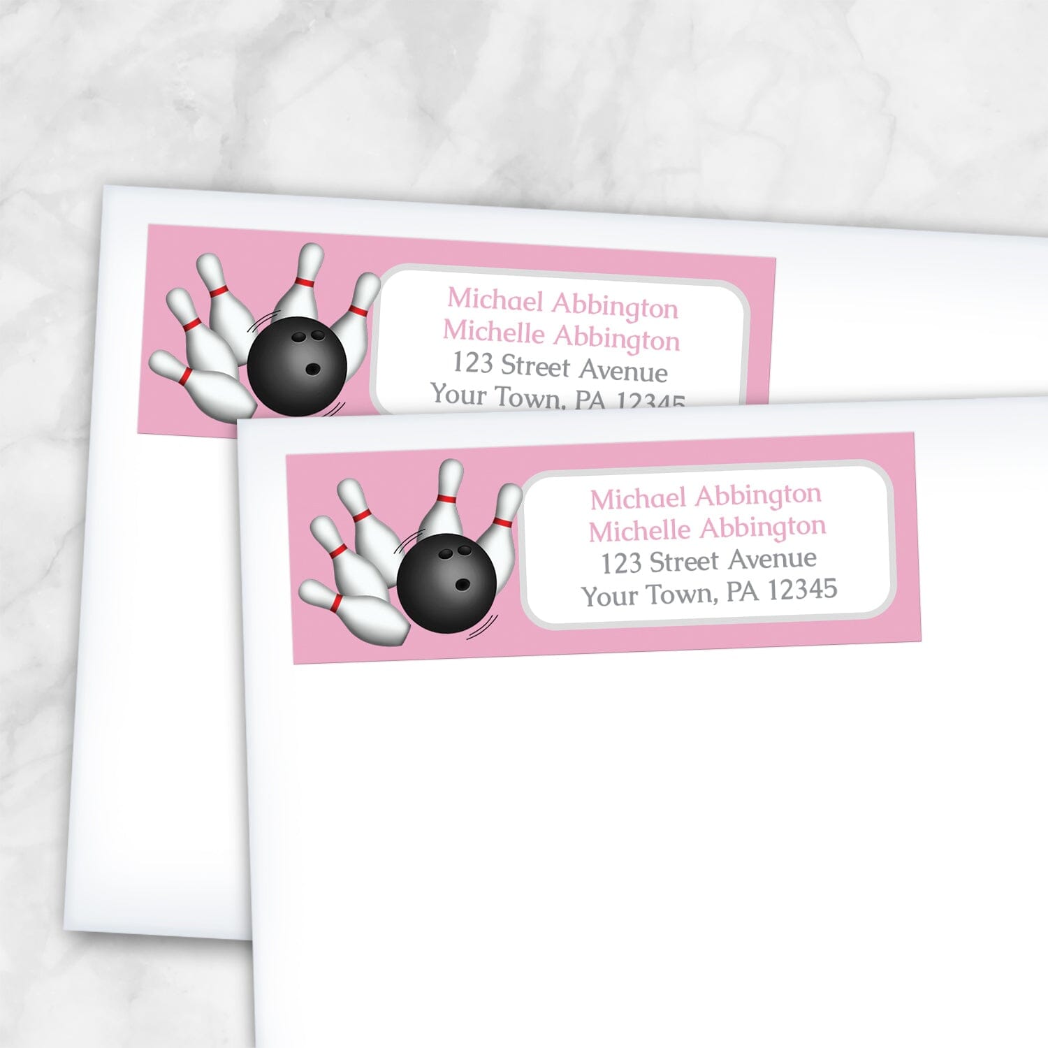 2 Pink Bowling Return Address Labels shown on white envelopes on a marble surface