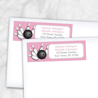 2 Pink Bowling Return Address Labels shown on white envelopes on a marble surface