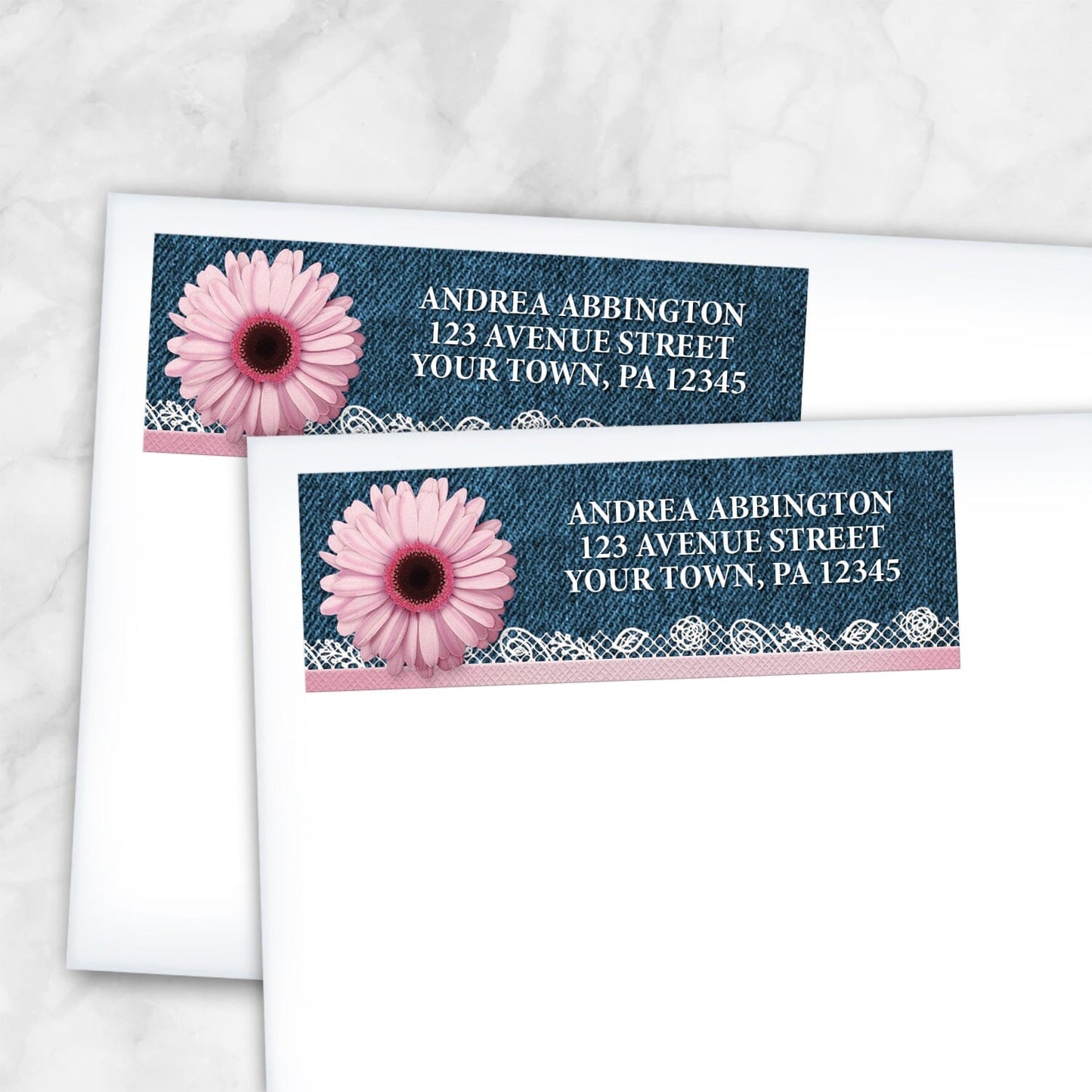 2 Pink Daisy Lace Rustic Denim Address Labels shown on white envelopes on a marble surface