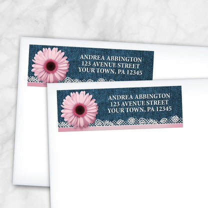 2 Pink Daisy Lace Rustic Denim Address Labels shown on white envelopes on a marble surface