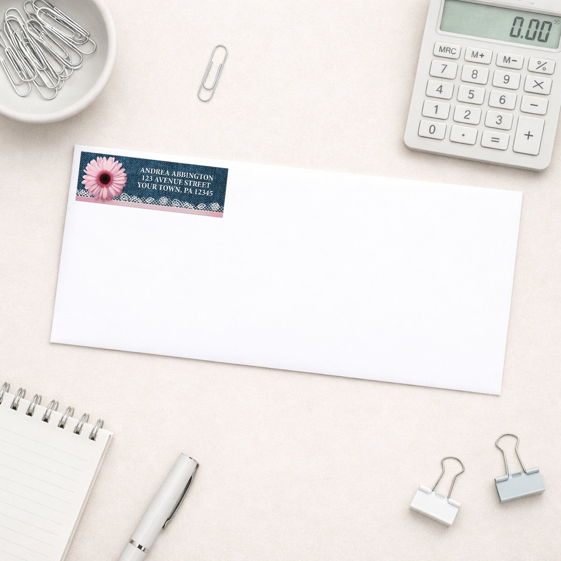 Pink Daisy Lace Rustic Denim Address Label shown on a white envelope with everyday office supplies