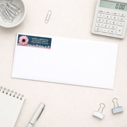 Pink Daisy Lace Rustic Denim Address Label shown on a white envelope with everyday office supplies