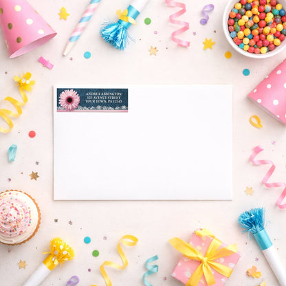 Pink Daisy Lace Rustic Denim Address Label shown on a white envelope with party supplies