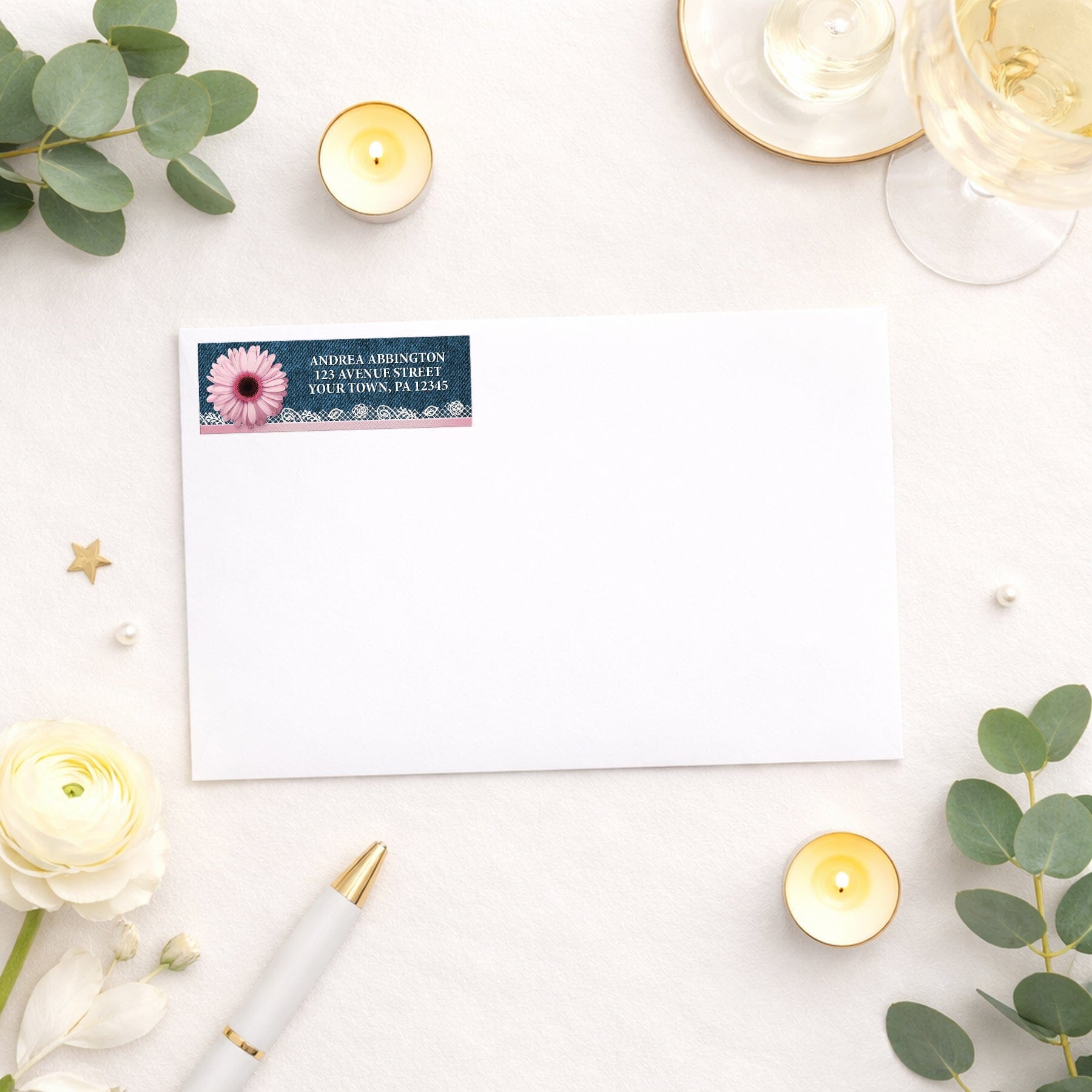 Pink Daisy Lace Rustic Denim Address Label shown on a white envelope with wedding and shower supplies