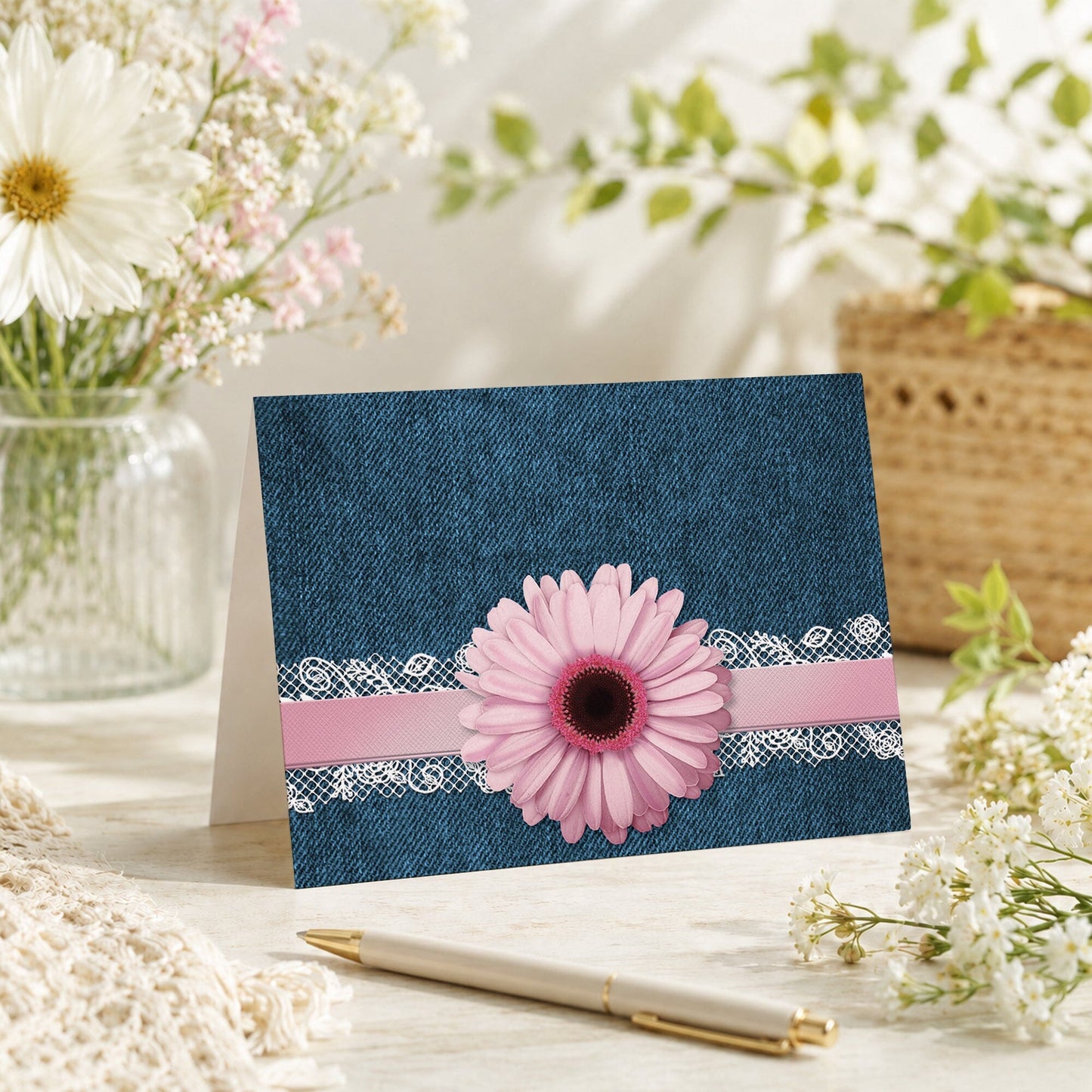 Pink Daisy Lace Rustic Denim Note Card shown on a tabletop with a vase, spring and summer flowers, and a pen.