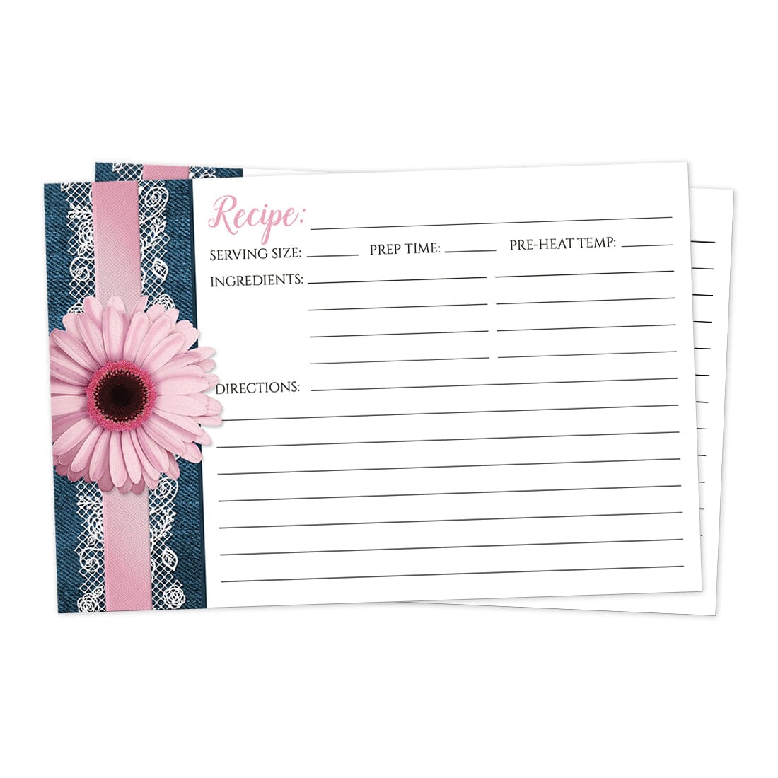 Front side of the Pink Daisy Lace Rustic Denim Recipe Cards