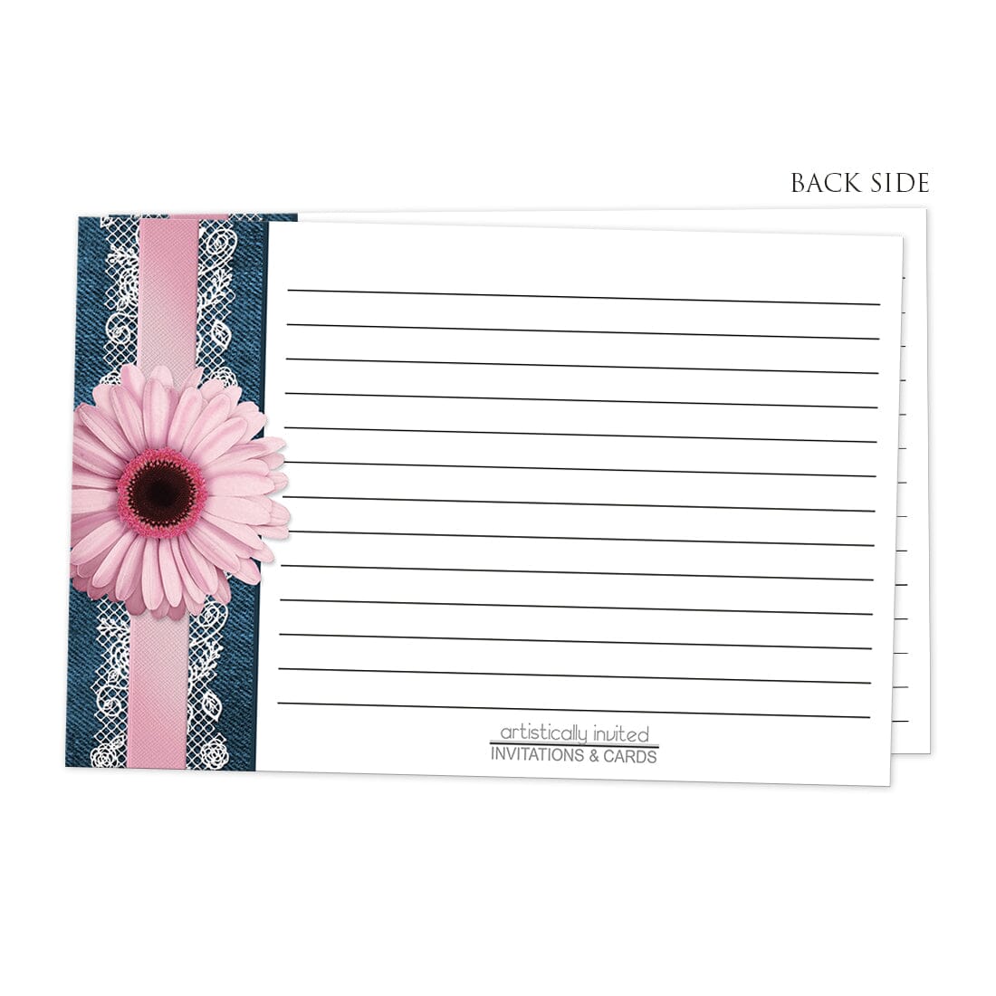 Back side of the Pink Daisy Lace Rustic Denim Recipe Cards