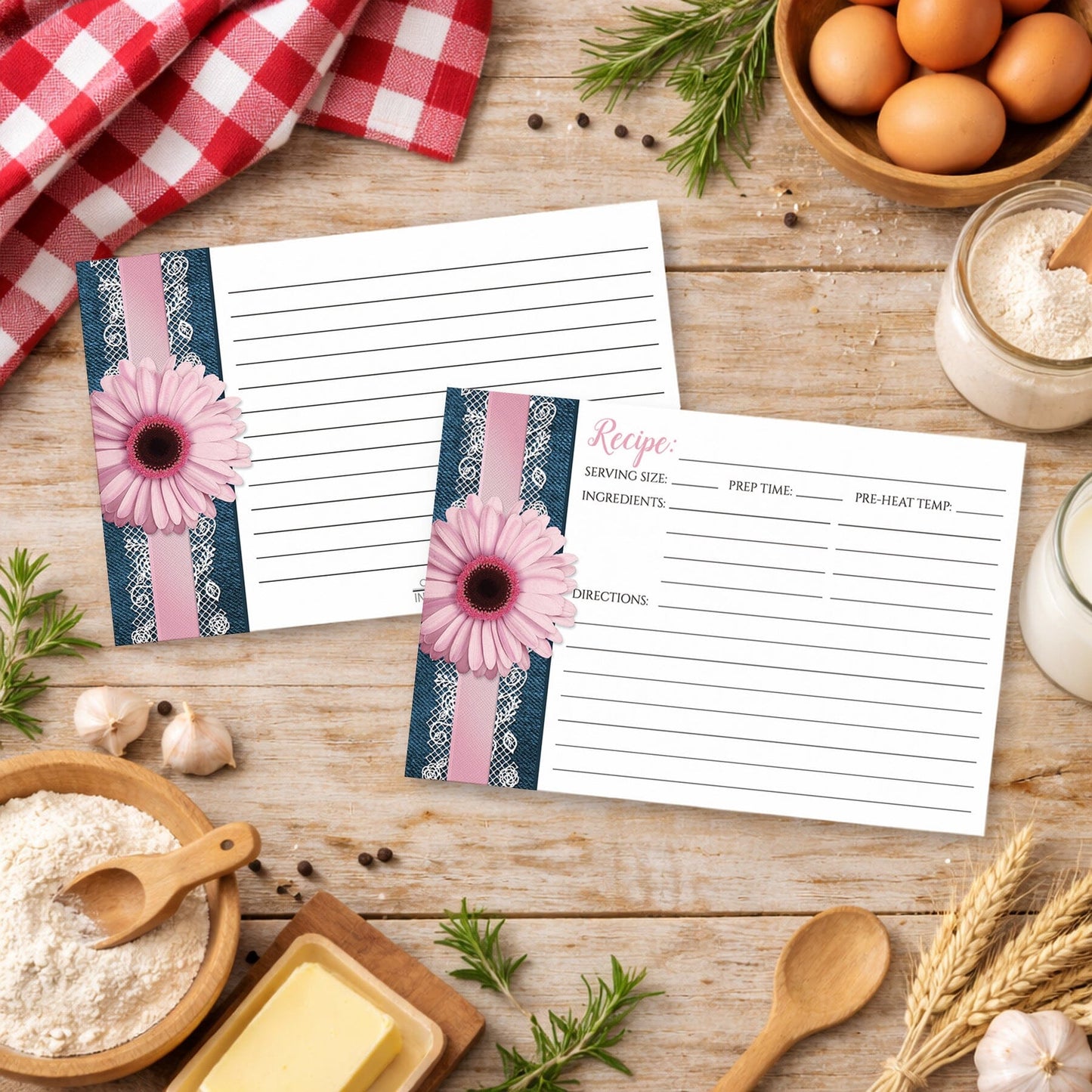 Set of Pink Daisy Lace Rustic Denim Recipe Cards on a country wooden table with cooking ingredients.