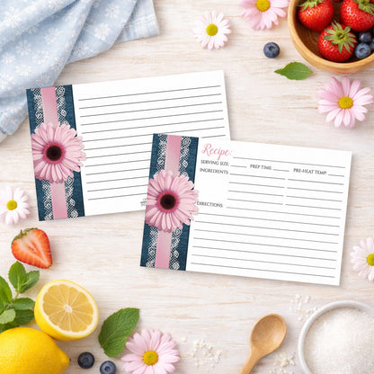 Set of Pink Daisy Lace Rustic Denim Recipe Cards on a wooden surface with spring and summer fruits and flowers.