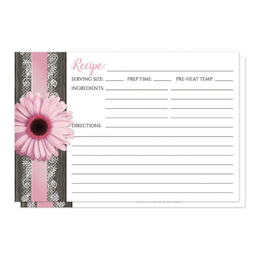 Front side of the Pink Daisy Lace Rustic Wood Recipe Cards