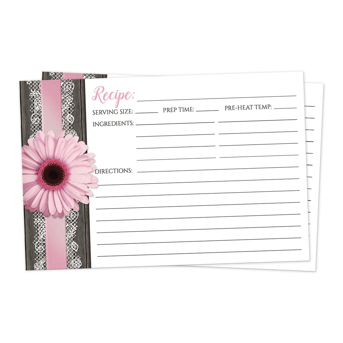 Front side of the Pink Daisy Lace Rustic Wood Recipe Cards