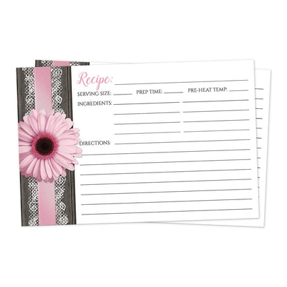 Front side of the Pink Daisy Lace Rustic Wood Recipe Cards