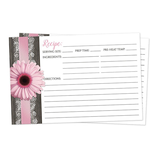 Front side of the Pink Daisy Lace Rustic Wood Recipe Cards