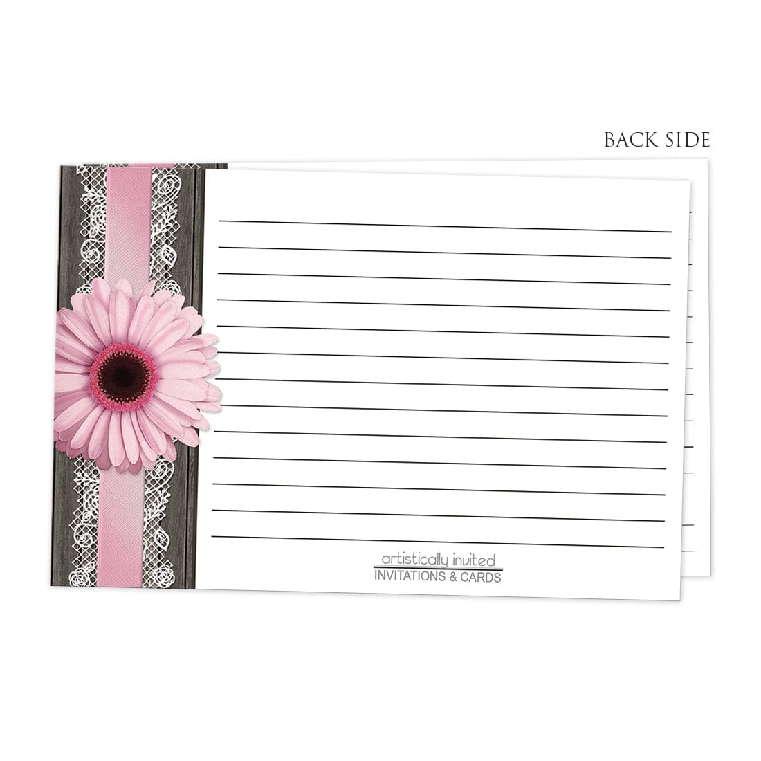 Back side of the Pink Daisy Lace Rustic Wood Recipe Cards