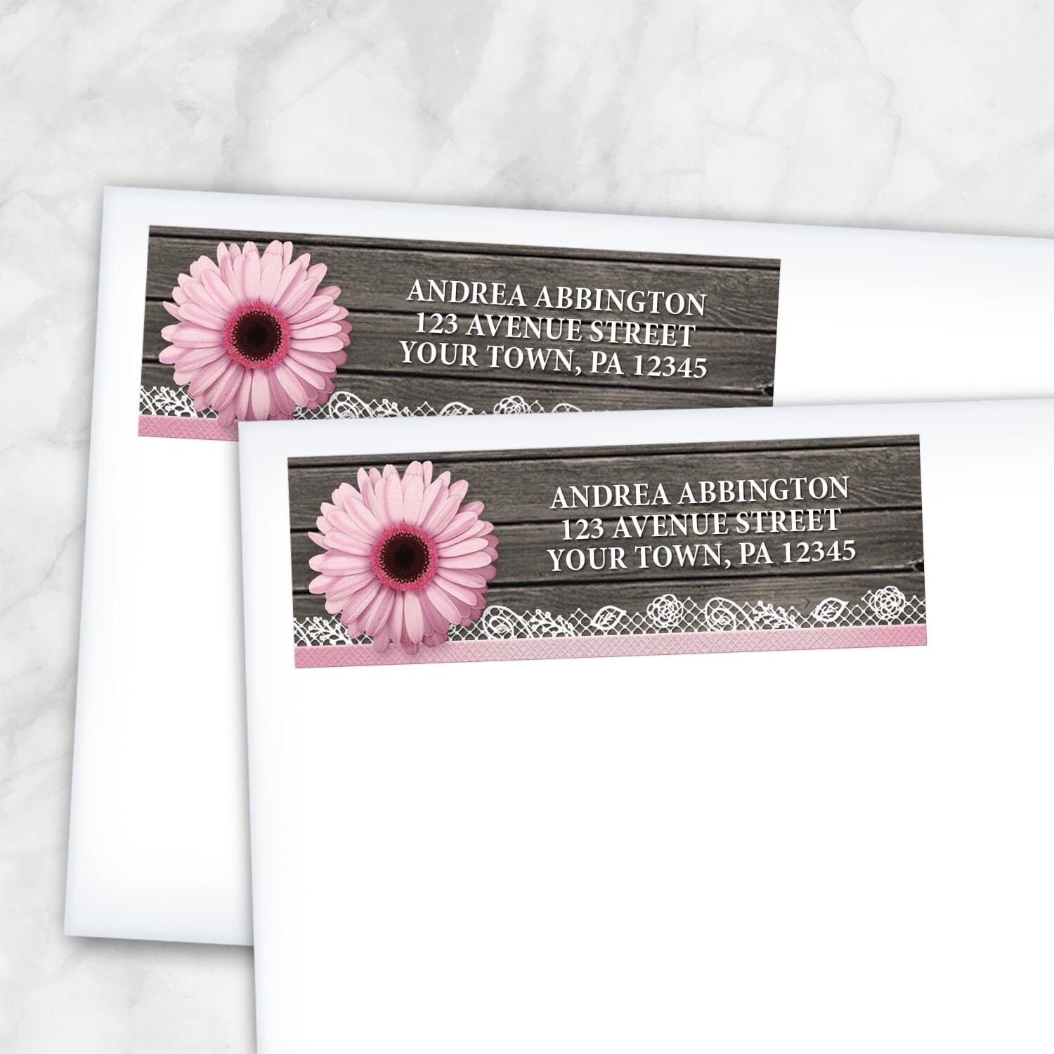 2 Pink Daisy Lace Rustic Wood Address Labels shown on white envelopes on a marble surface