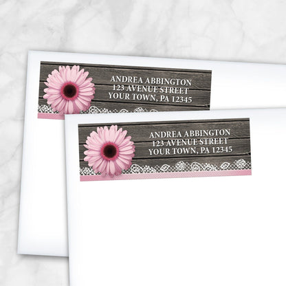 2 Pink Daisy Lace Rustic Wood Address Labels shown on white envelopes on a marble surface