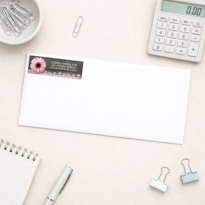 Pink Daisy Lace Rustic Wood Address Label shown on a white envelope with everyday office supplies