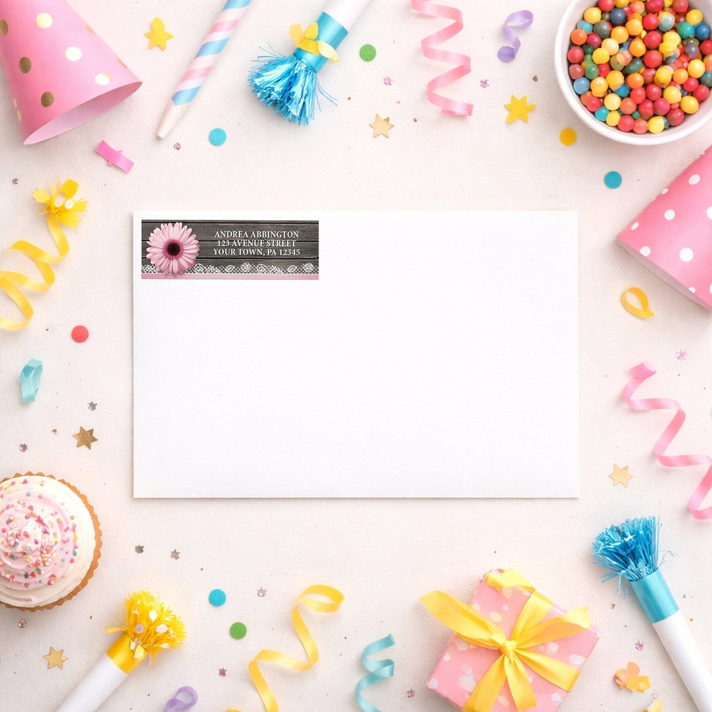 Pink Daisy Lace Rustic Wood Address Label shown on a white envelope with party supplies