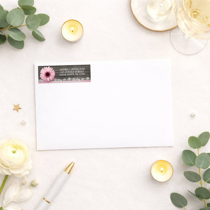 Pink Daisy Lace Rustic Wood Address Label shown on a white envelope with wedding and shower supplies