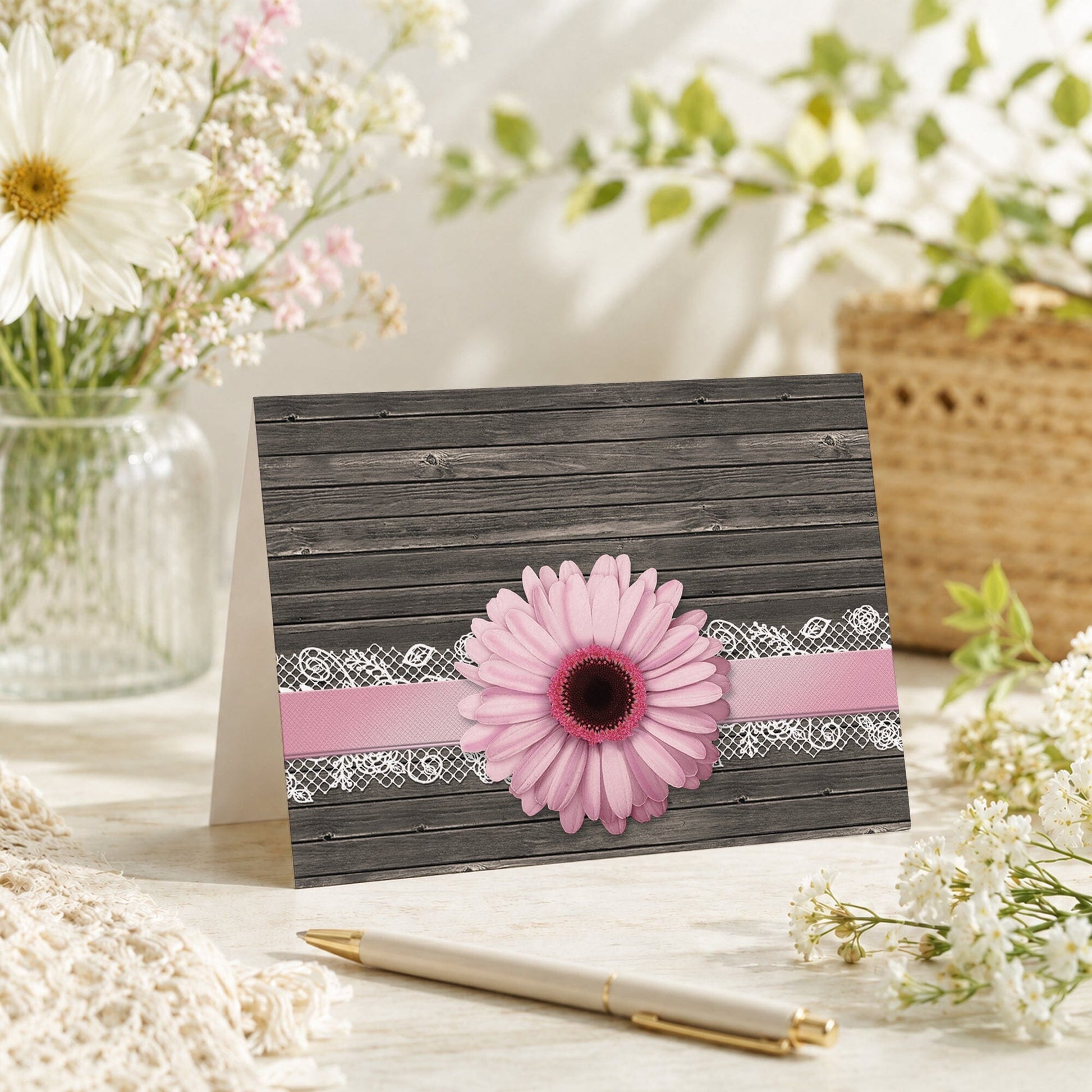 Pink Daisy Lace Rustic Wood Note Card shown on a tabletop with a vase, spring and summer flowers, and a pen.