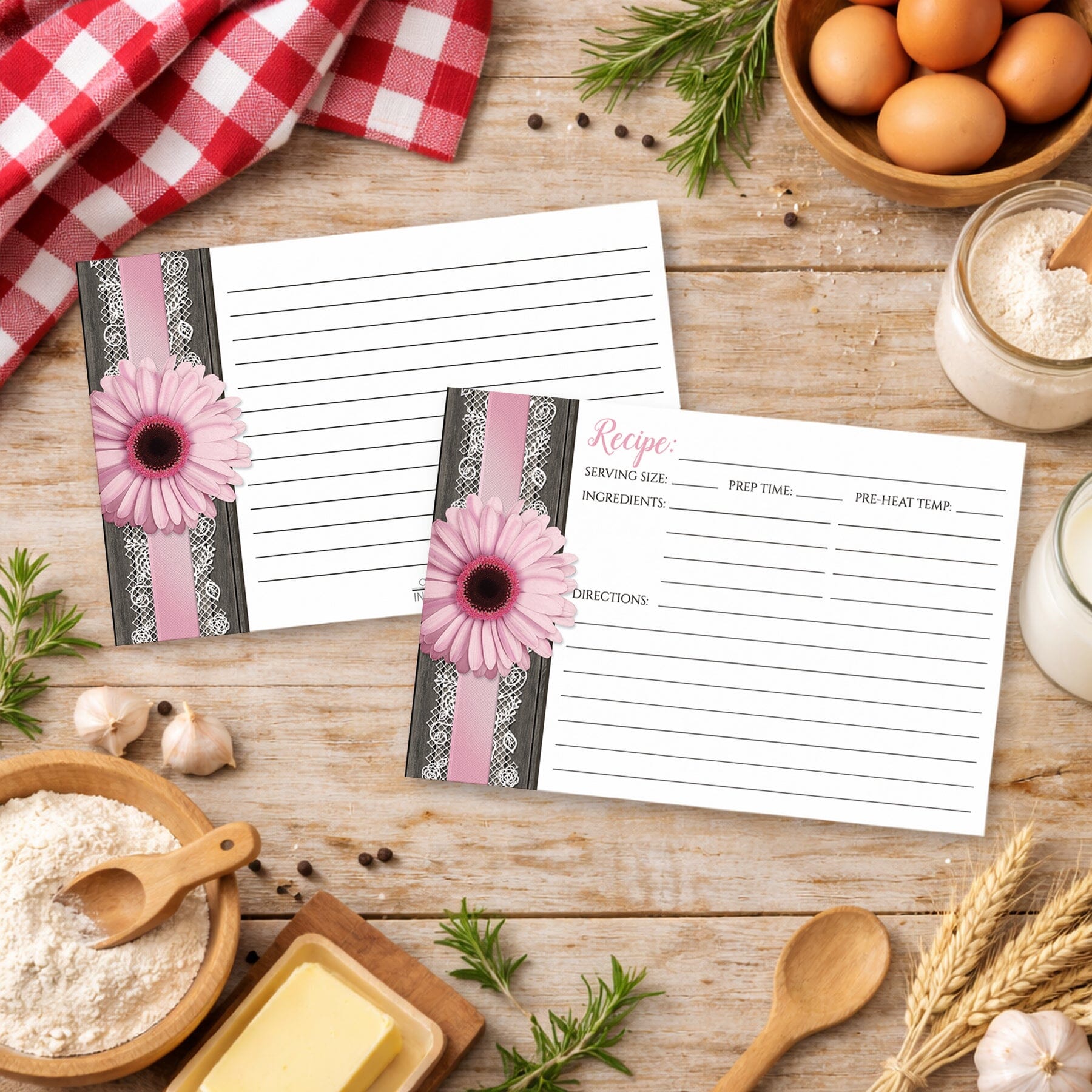Set of Pink Daisy Lace Rustic Wood Recipe Cards on a wooden table with country cooking ingredients.