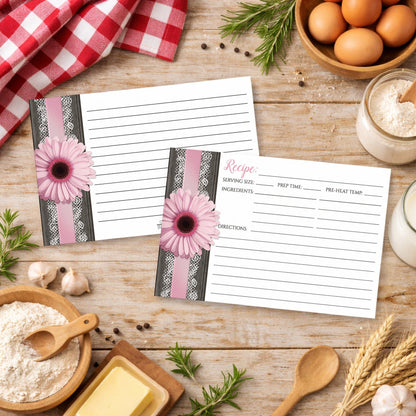 Set of Pink Daisy Lace Rustic Wood Recipe Cards on a wooden table with country cooking ingredients.