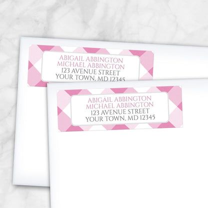 2 Pink Gingham Address Labels shown on white envelopes on a marble surface