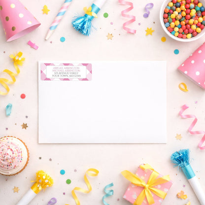 Pink Gingham Address Label shown on a white envelope with party supplies