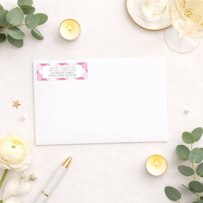 Pink Gingham Address Label shown on a white envelope with wedding and shower supplies
