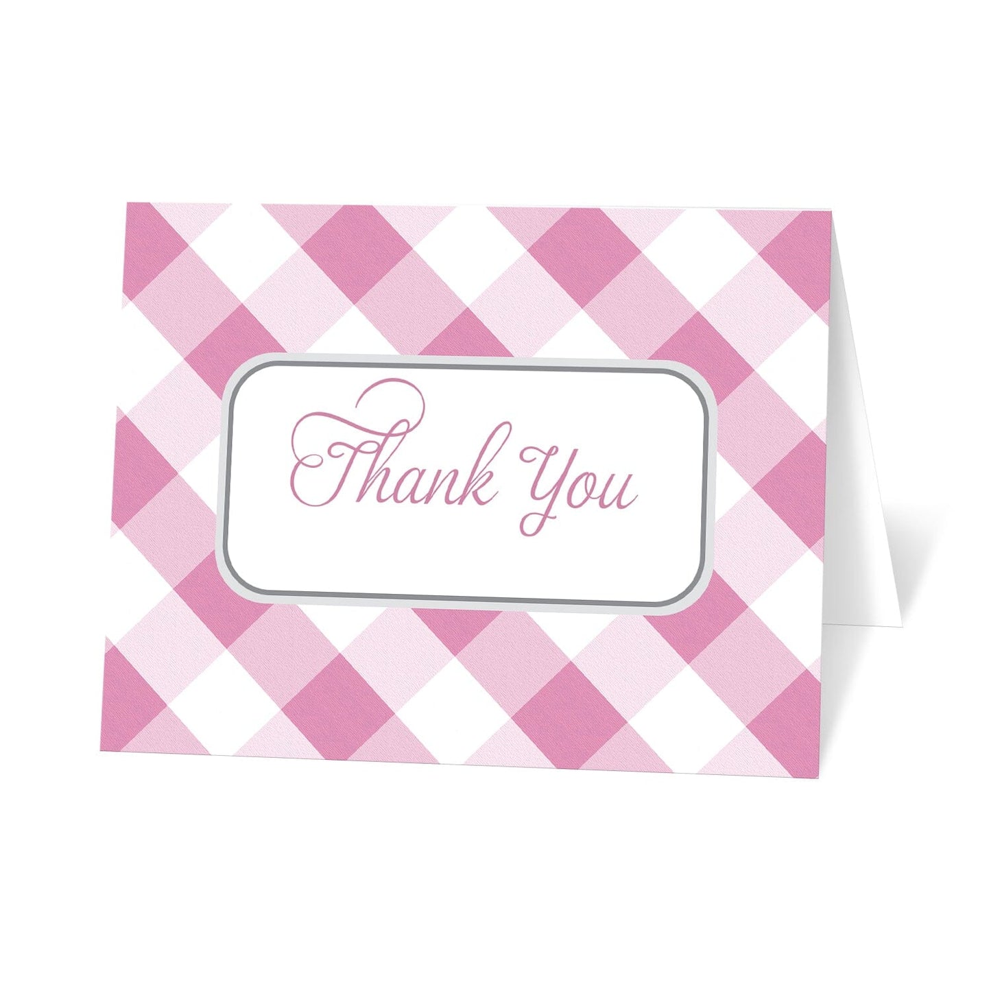 Pink Gingham Thank You Cards with a diagonal pink and white gingham check pattern and "Thank You" in the center in pink script.
