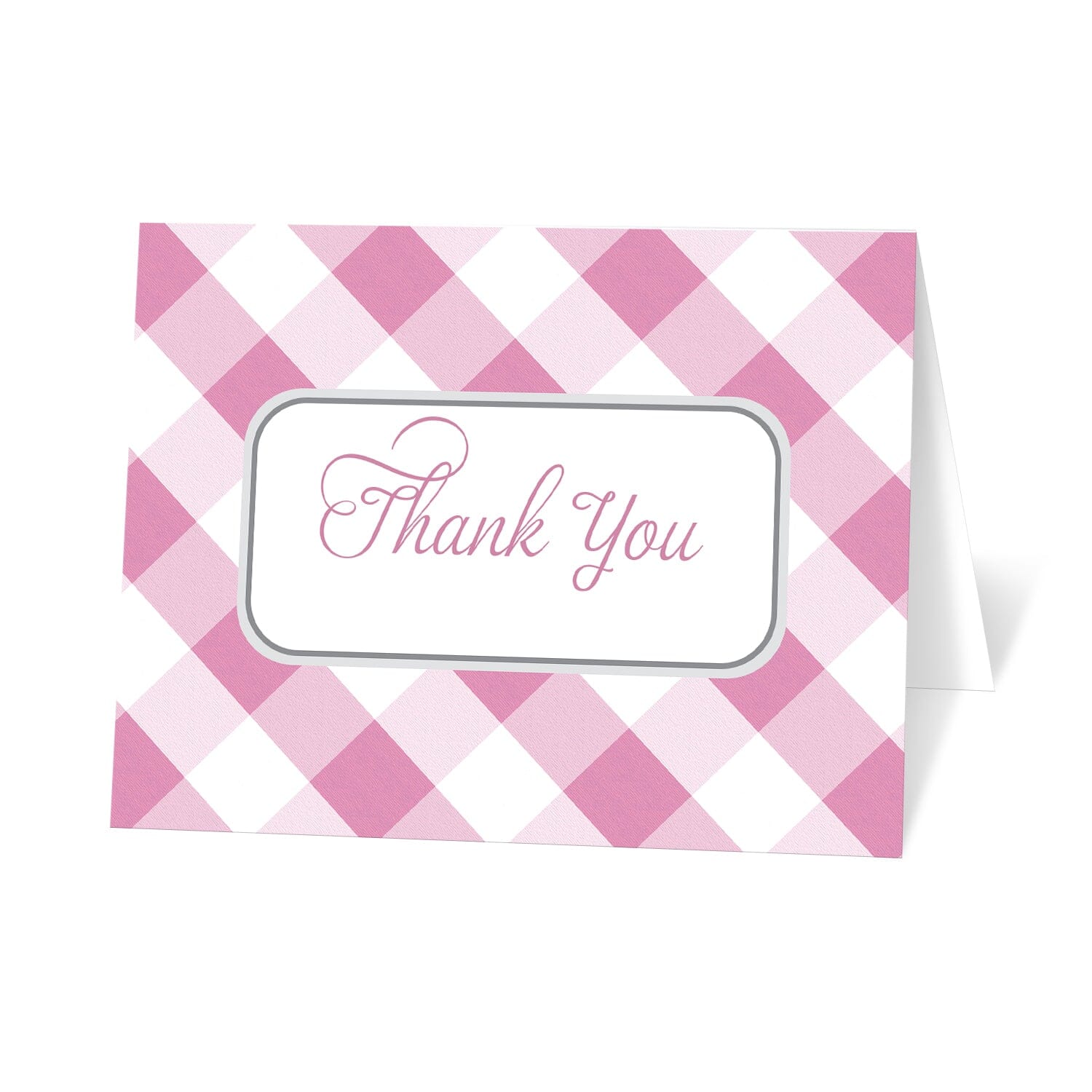 Pink Gingham Thank You Cards with a diagonal pink and white gingham check pattern and "Thank You" in the center in pink script.