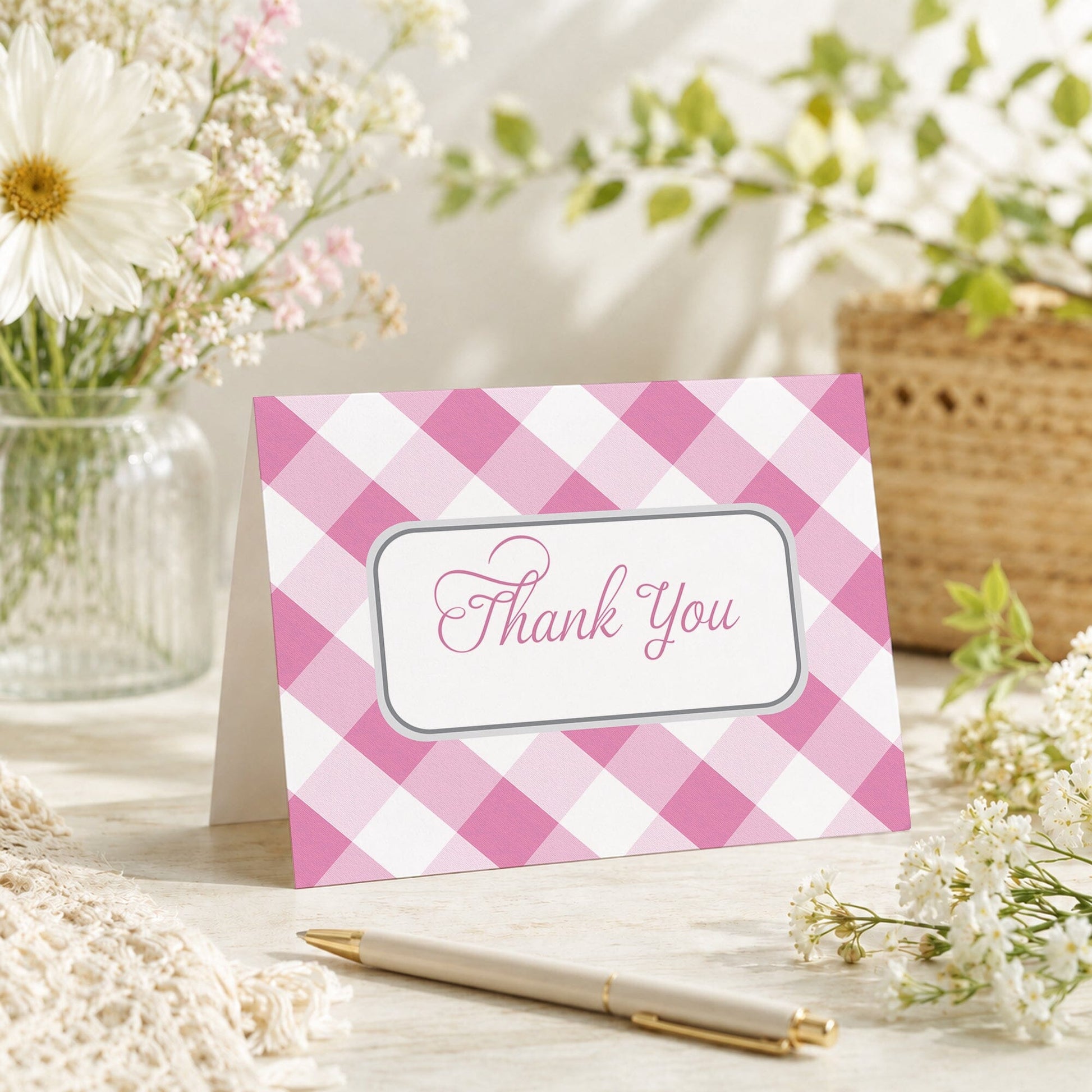 Pink Gingham Thank You Card shown on a tabletop with a vase, spring and summer flowers, and a pen.