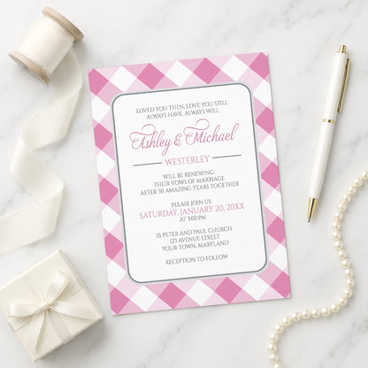 Pink Gingham Vow Renewal Invitation shown on a marble surface with a white gift box, pen, ribbon, and pearls.