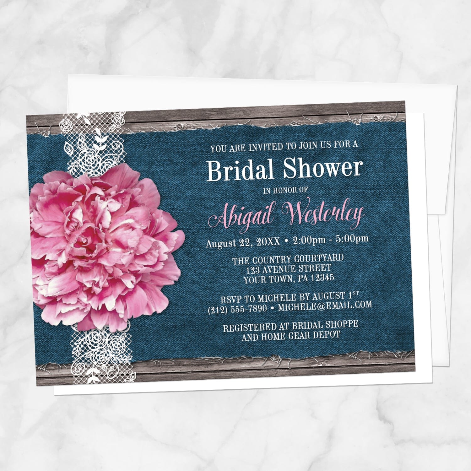 Pink Peony Denim and Lace Rustic Bridal Shower Invitation shown on a marble surface with a white envelope.