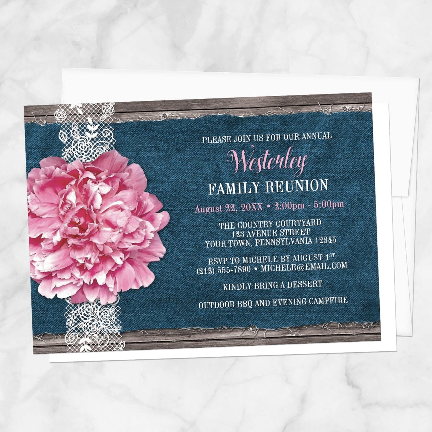 Pink Peony Denim and Lace Rustic Family Reunion Invitation shown on a marble surface with a white envelope.
