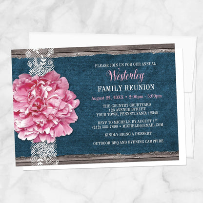 Pink Peony Denim and Lace Rustic Family Reunion Invitation shown on a marble surface with a white envelope.