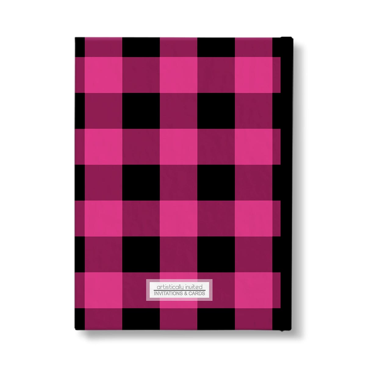 Personalized Pink and Black Buffalo Plaid Journal at Artistically Invited. Back side of the book.