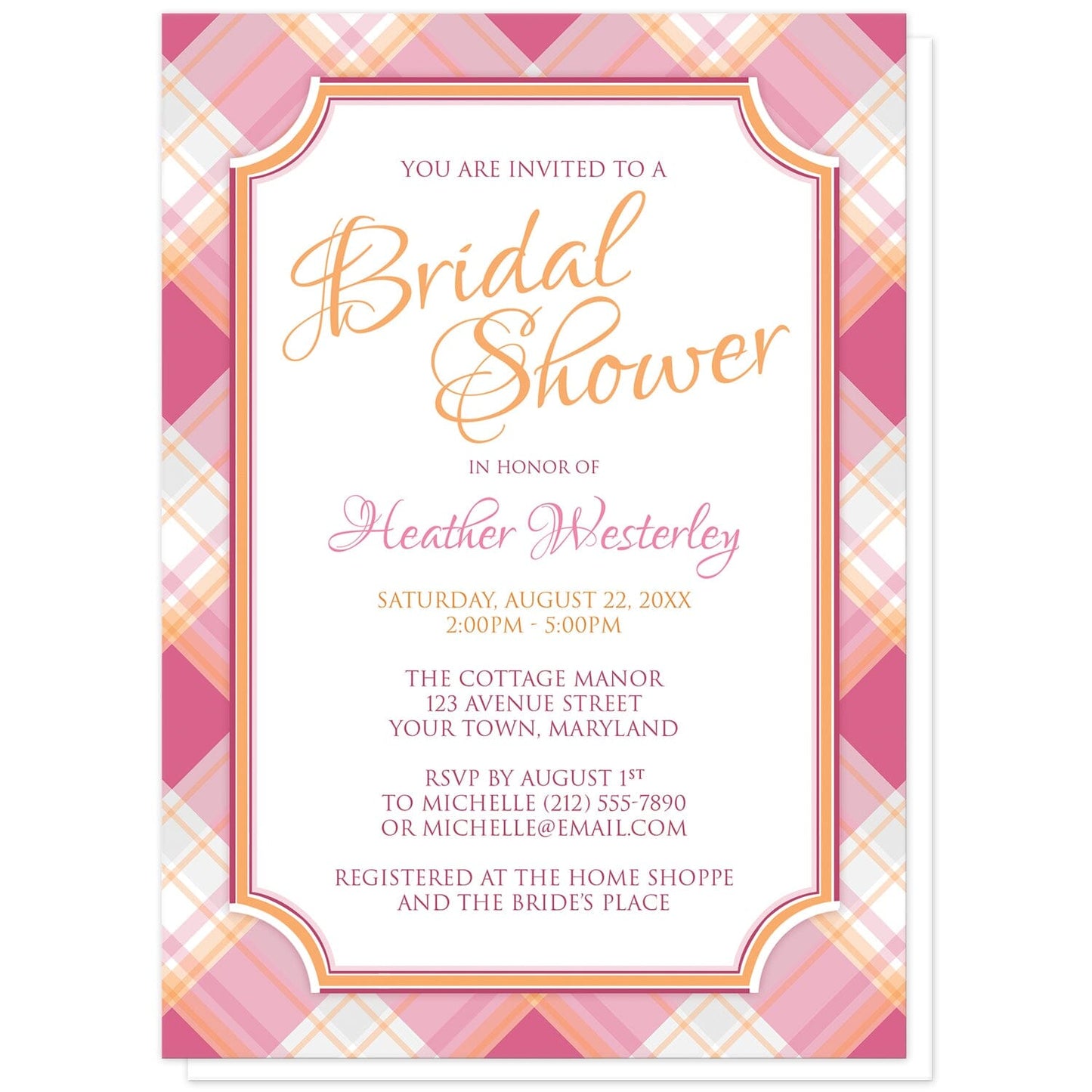 Pink and Orange Plaid Bridal Shower Invitations at Artistically Invited. Stylish summer-inspired pink and orange plaid bridal shower invitations with your personalized bridal shower celebration details custom printed in pink and orange in a white frame area, over a diagonal pink and orange plaid pattern.