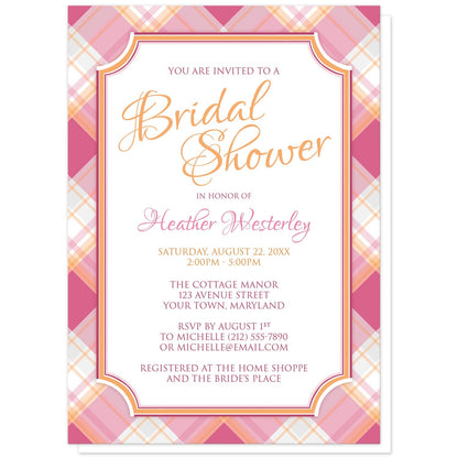 Pink and Orange Plaid Bridal Shower Invitations at Artistically Invited. Stylish summer-inspired pink and orange plaid bridal shower invitations with your personalized bridal shower celebration details custom printed in pink and orange in a white frame area, over a diagonal pink and orange plaid pattern.