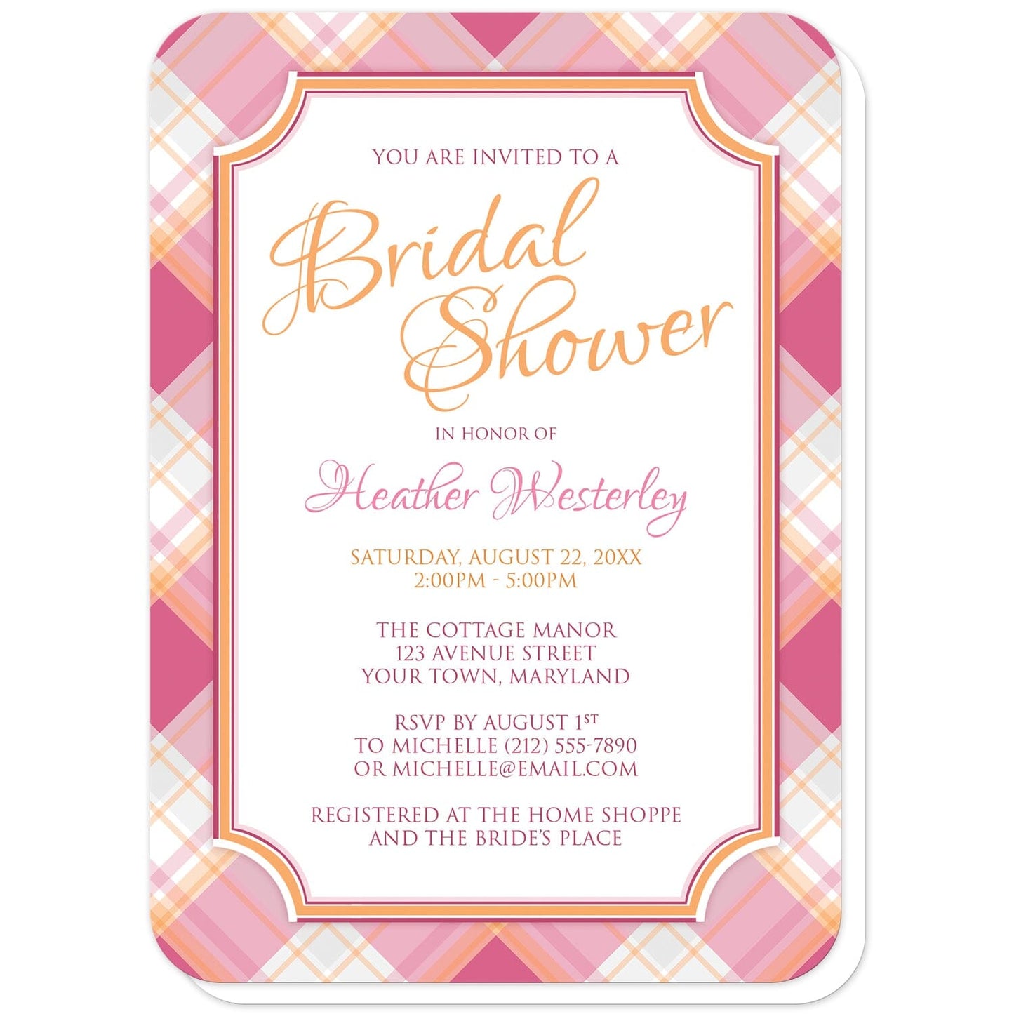 Pink and Orange Plaid Bridal Shower Invitations (with rounded corners) at Artistically Invited. Stylish summer-inspired pink and orange plaid bridal shower invitations with your personalized bridal shower celebration details custom printed in pink and orange in a white frame area, over a diagonal pink and orange plaid pattern.