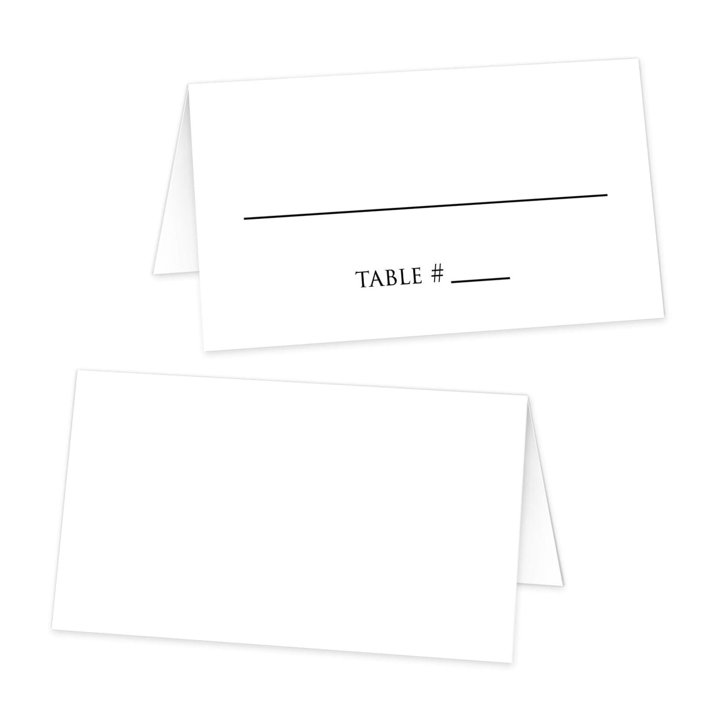 Plain White (no design) Folded Place Cards at Artistically Invited. White place cards with lines for writing your guest's name and table number on one of the folded cards.