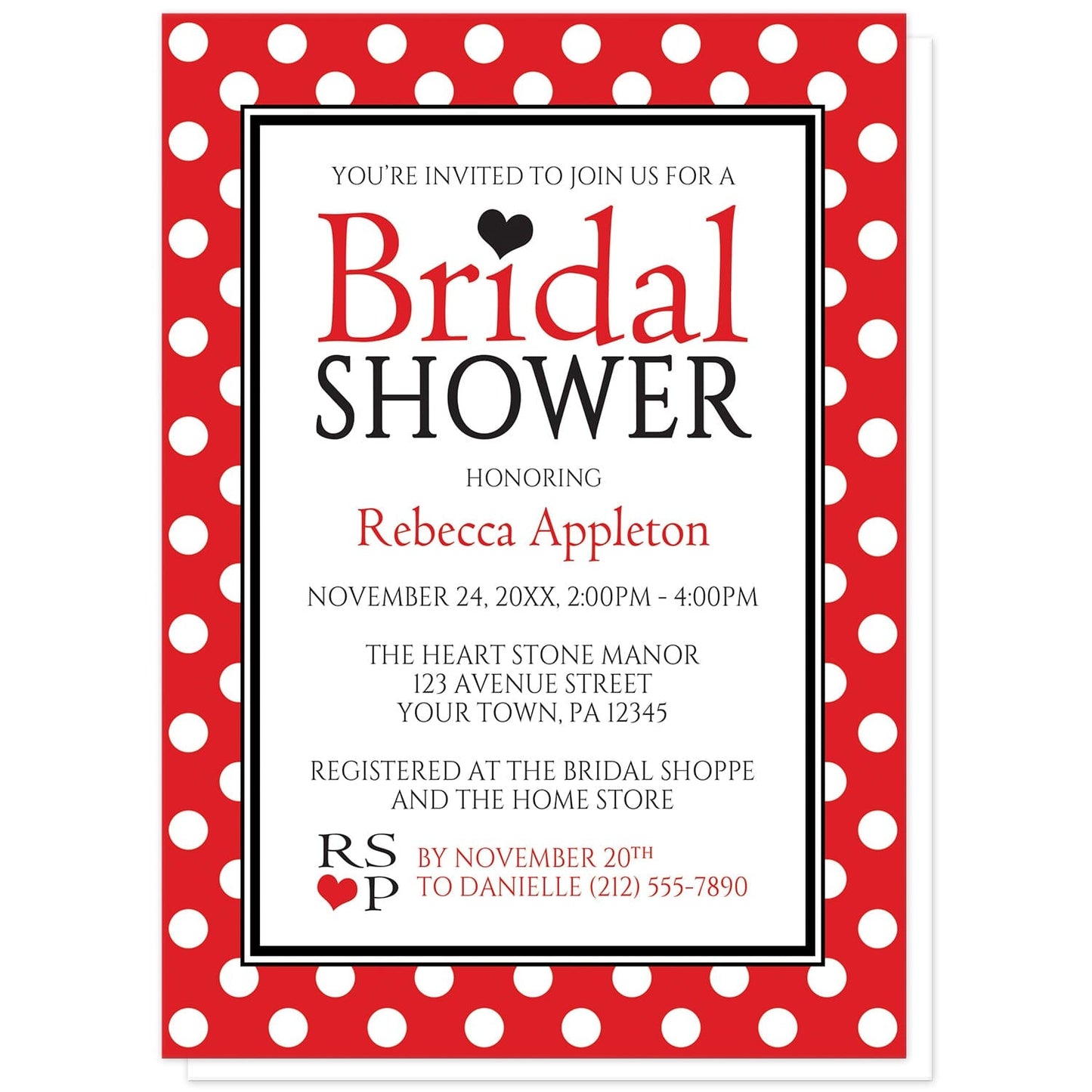 Polka Dot Red Black and White Bridal Shower Invitations at Artistically Invited. Stylish polka dot red black and white bridal shower invitations with your personalized bridal shower celebration details custom printed in red and black inside a white rectangle outlined in black and white. The background design of these invitations is a white polka dots pattern over a bold red color. 