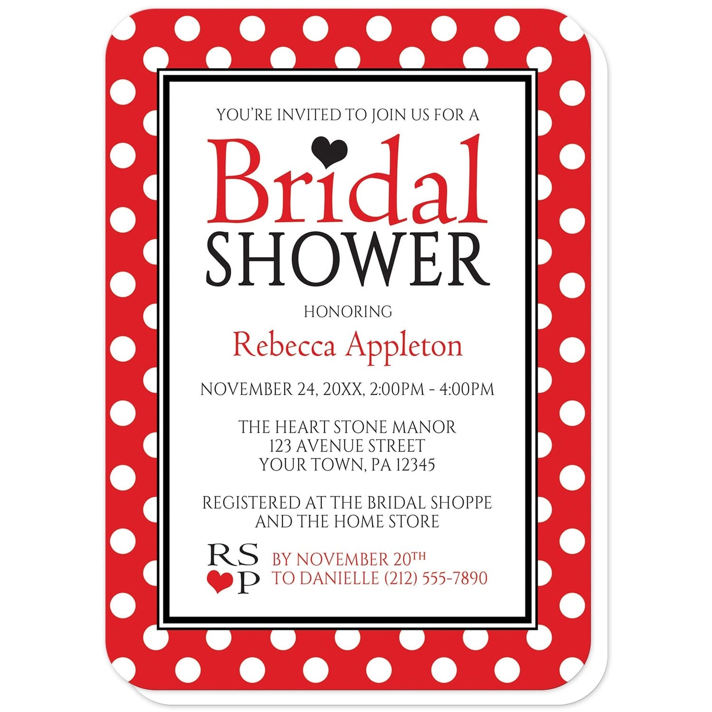 Polka Dot Red Black and White Bridal Shower Invitations (with rounded corners) at Artistically Invited. Stylish polka dot red black and white bridal shower invitations with your personalized bridal shower celebration details custom printed in red and black inside a white rectangle outlined in black and white. The background design of these invitations is a white polka dots pattern over a bold red color. 